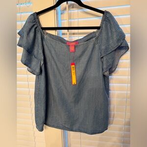 Lightweight Denim On or Off-Shoulder Ruffle Sleeve Top